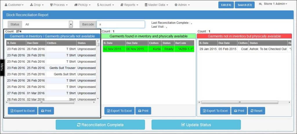 Stock Reconciliation in Dry Cleaning Business